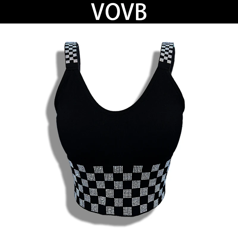 VOVB轻奢新款百搭棋盘定制钻钻黑白时尚潮品胸垫打底背心吊带-088