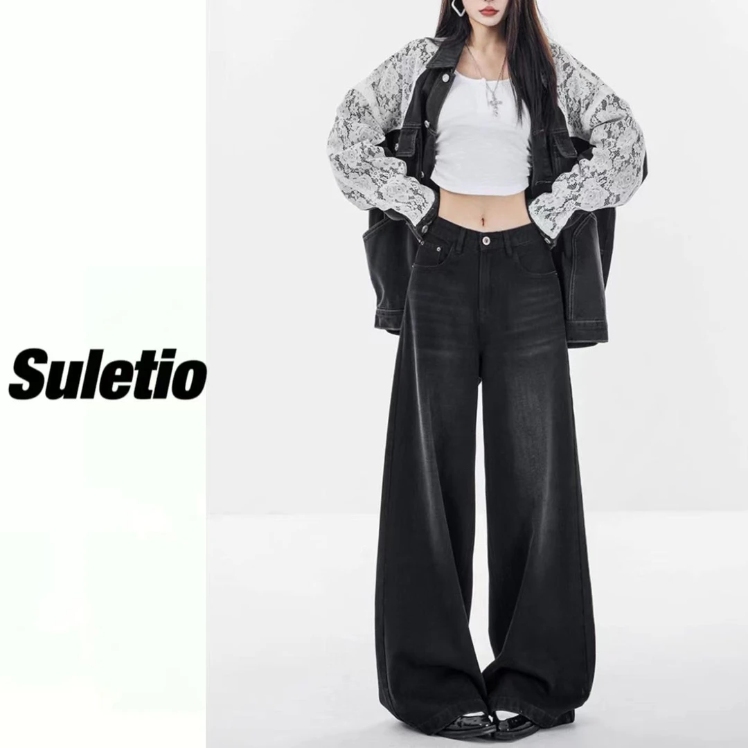 002#1st冬加绒加厚美式阔腿宽松牛仔裤女 高腰显瘦直筒拖地裤