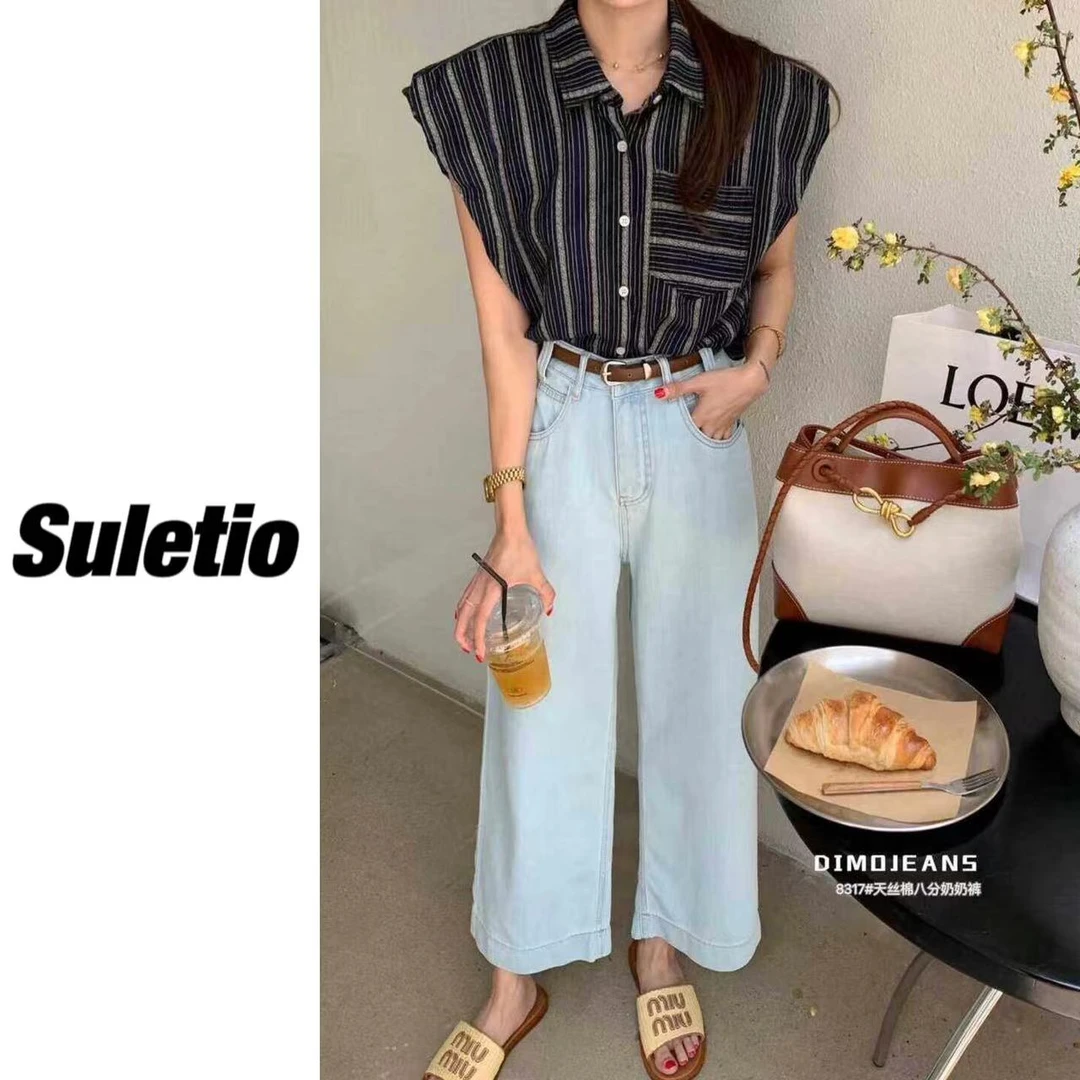 8317#DIMO夏新款薄料天丝阔腿牛仔裤女 高腰宽松直筒显瘦九分裤