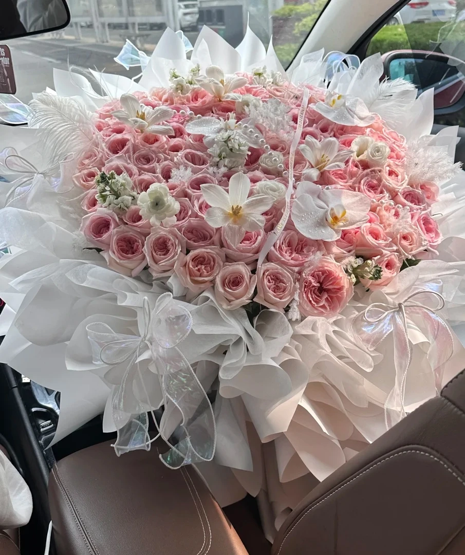 99朵粉荔枝玫瑰混搭花束鲜花速递同城配送
