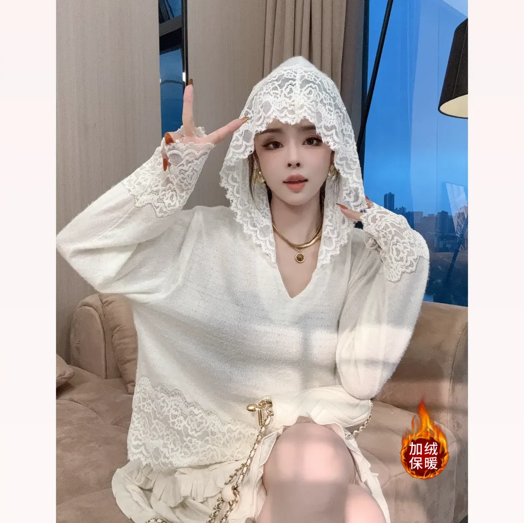 【红人上新】(常规/加绒)连帽蕾丝优雅气质重工勾花设计感针织衫