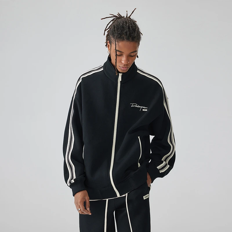 CHINISM 侧条纹立领外套男美式休闲水洗绣花上衣 男友感穿搭