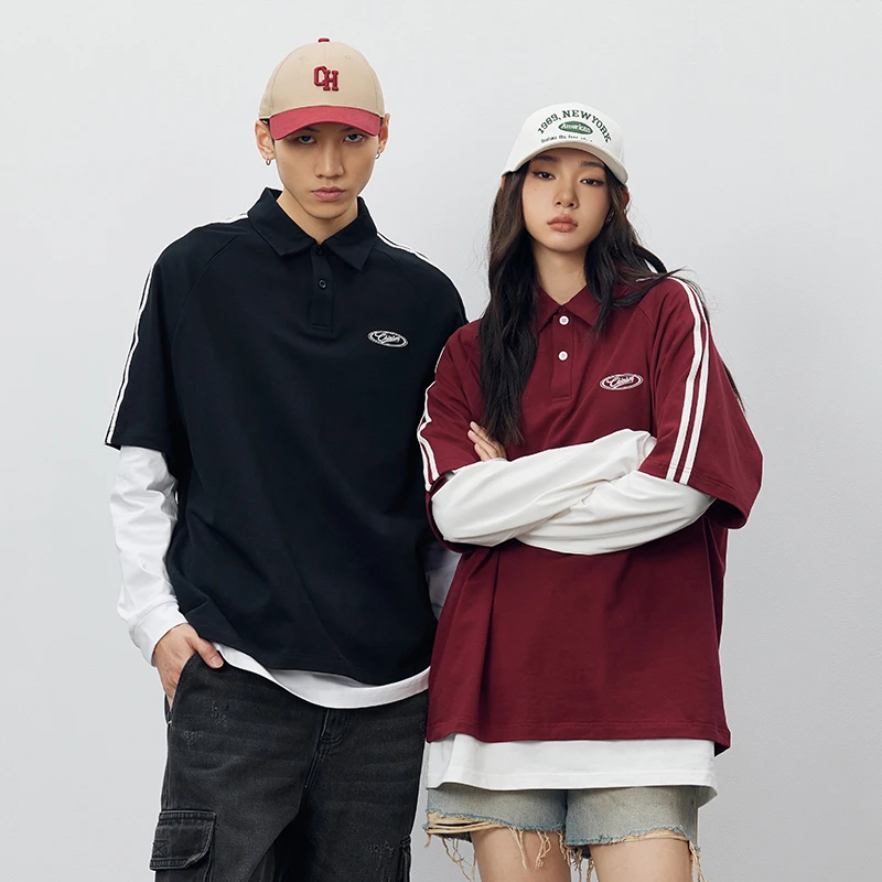 CHINISM CH重磅刺绣侧条纹POLO衫男美式宽松五分袖T恤3011