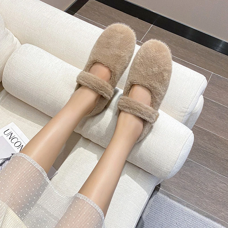 厚底毛毛鞋女秋冬外穿加绒豆豆鞋女一脚蹬玛丽珍棉瓢鞋大码41到43