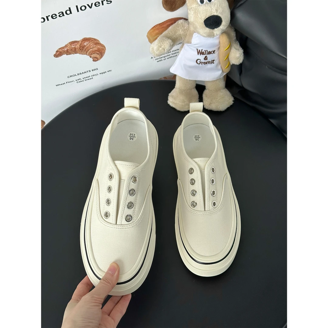 2024秋季新款百搭一脚蹬女日系帆布鞋休闲透气软底懒人鞋厚底板鞋