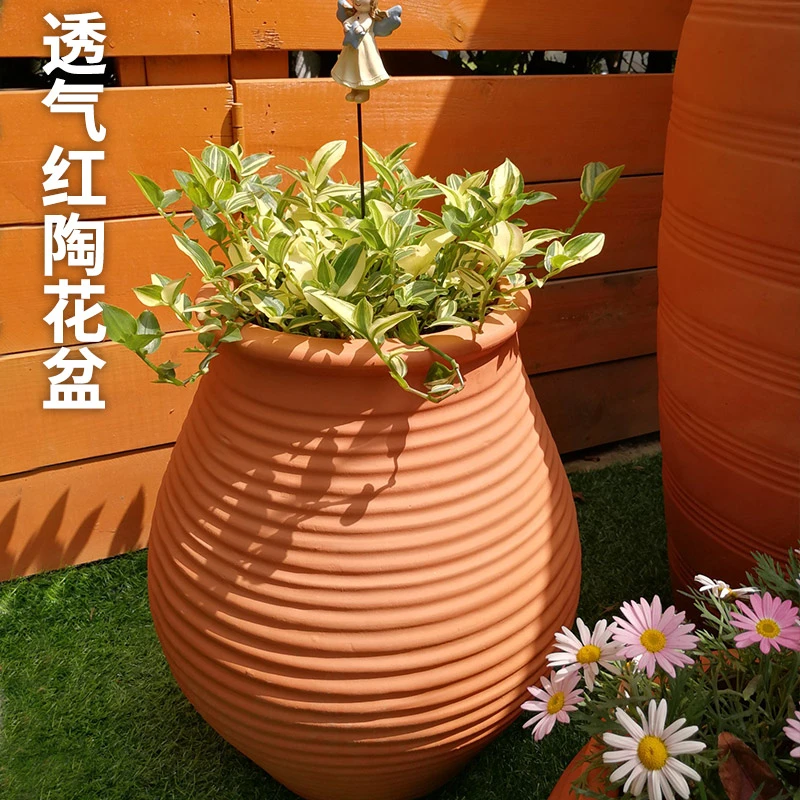 红陶花盆特大口径组合户外庭院园林景观陶罐老式旧粗陶盆摆件