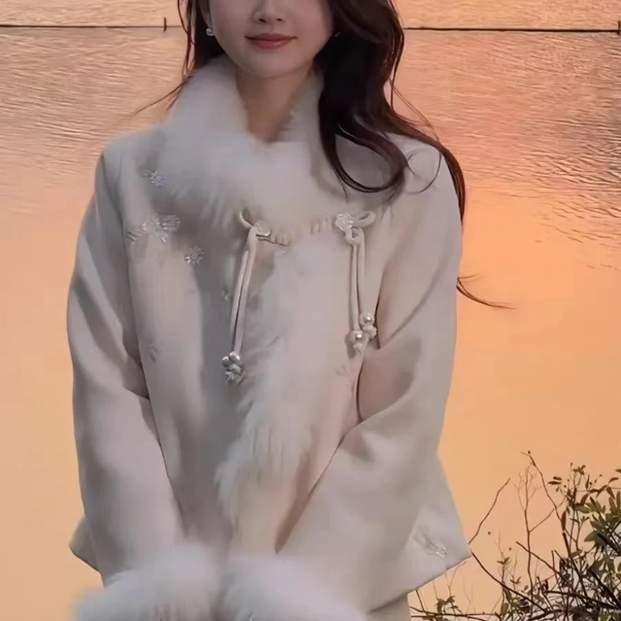 新中式女装国风套装秋冬毛呢外套加厚羽绒刺绣设计感半身裙两件套