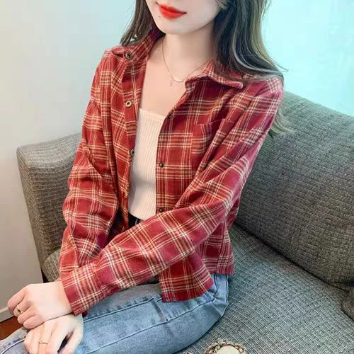 复古磨毛格子衬衫外套女秋装2024年新款POLO领长袖短款衬衣上衣服