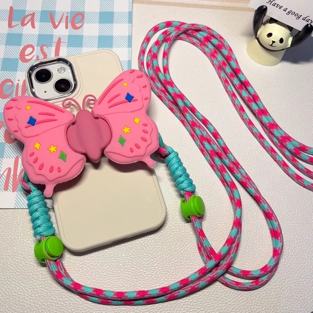 高颜值创意硅胶粉色蝴蝶背夹手机挂绳斜跨少女可折叠调节绳支架