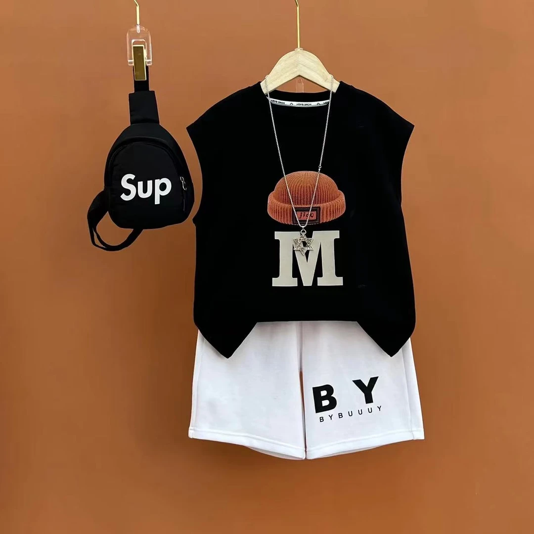 儿童装洋气时尚夏季帅气韩版中大童运动无袖小橘帽两件套装不含包