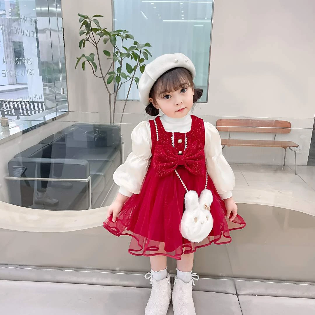 胸扣大蝴蝶结配小兔子包包真两件连衣裙女童宝宝洋气加绒儿童女宝