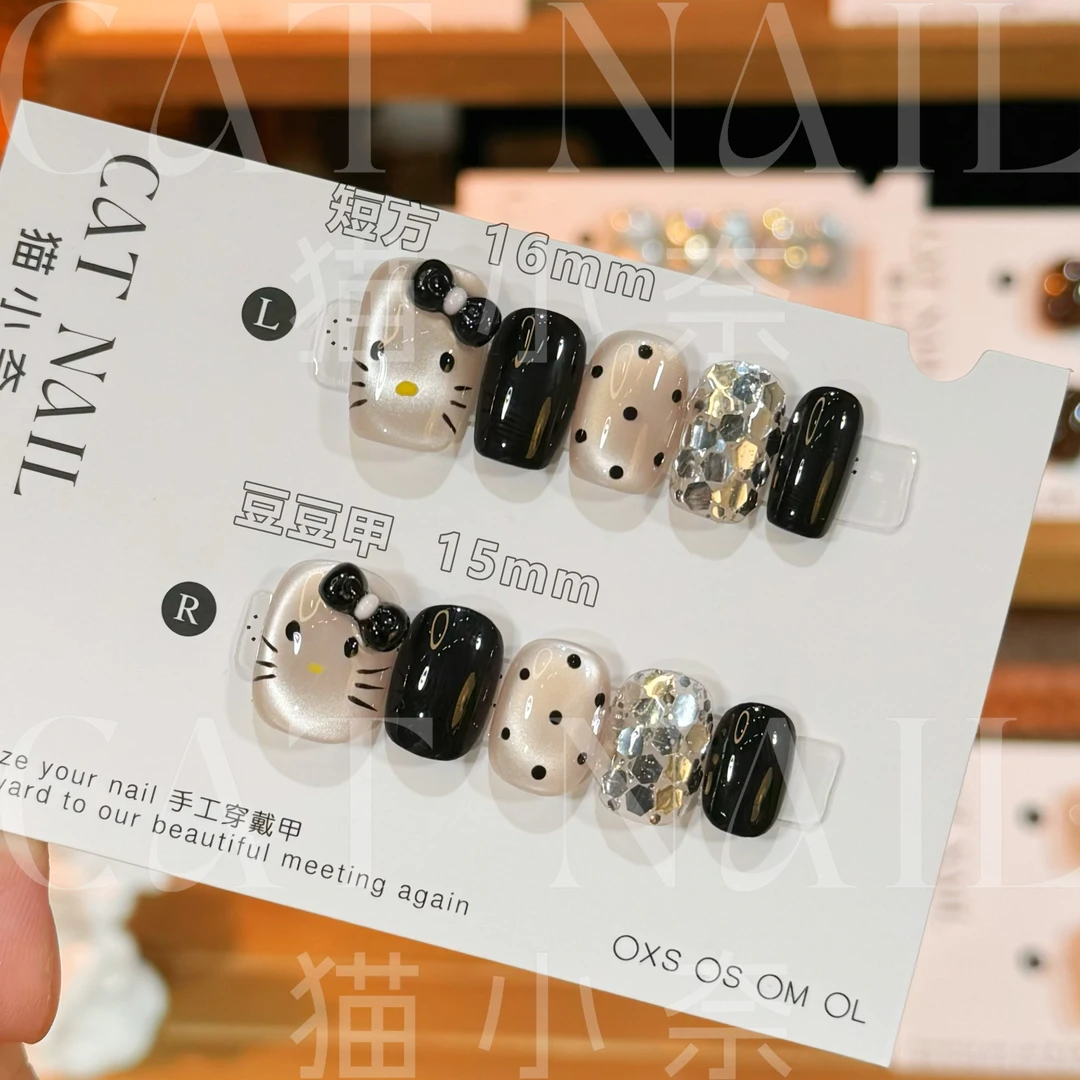 kitty猫 黑色 纯手工穿戴甲 定制美甲贴片  猫眼波点穿戴甲美甲