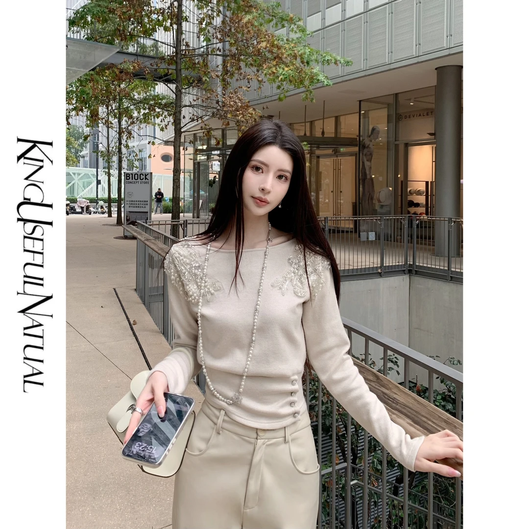 KUN【天使之翼】层次美学 细闪微弹加厚针织纽扣褶皱收腰修身上衣