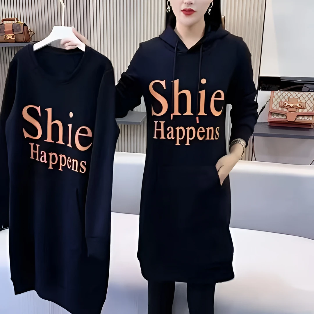 【百搭显瘦】新款时尚百搭大码连帽中长款印花显瘦连衣裙加厚春秋