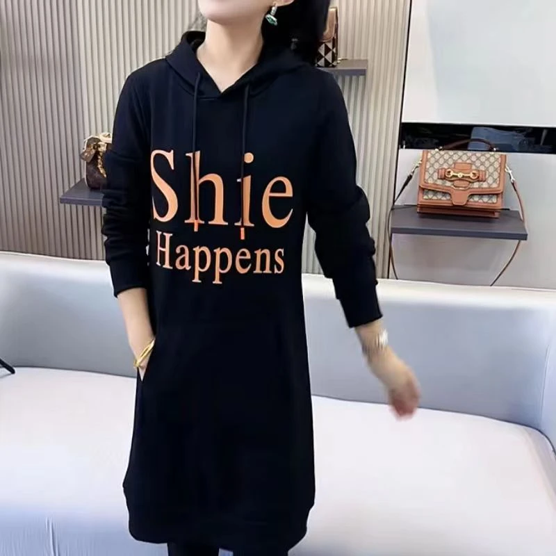 【百搭显瘦常规款】新款时尚百搭大码连帽中长款印花显瘦连衣裙
