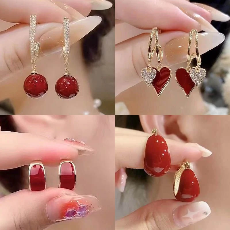 喜庆设计感红色珠珠耳环镶钻精致百搭耳坠高级感气质法式耳饰ins