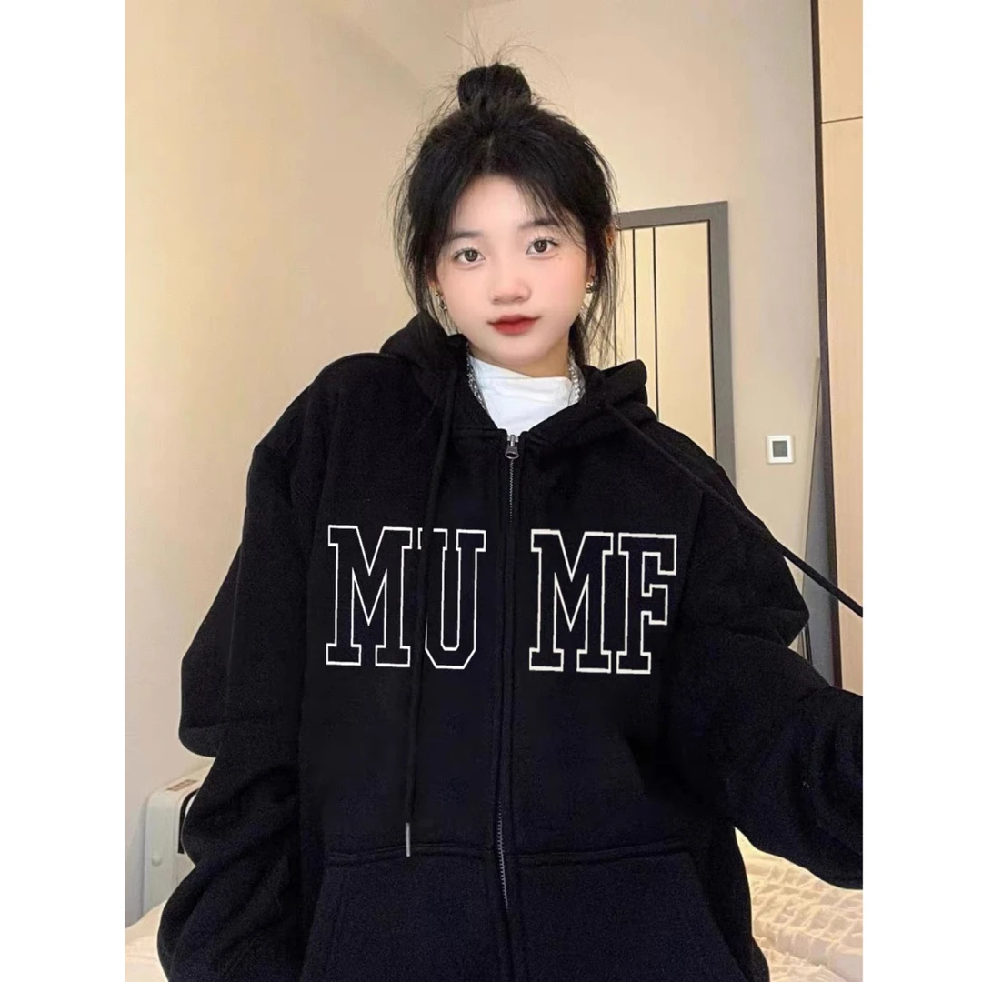 拉链外套卫衣女春秋冬银狐绒加厚hiphop美式高街潮牌韩系开衫上衣