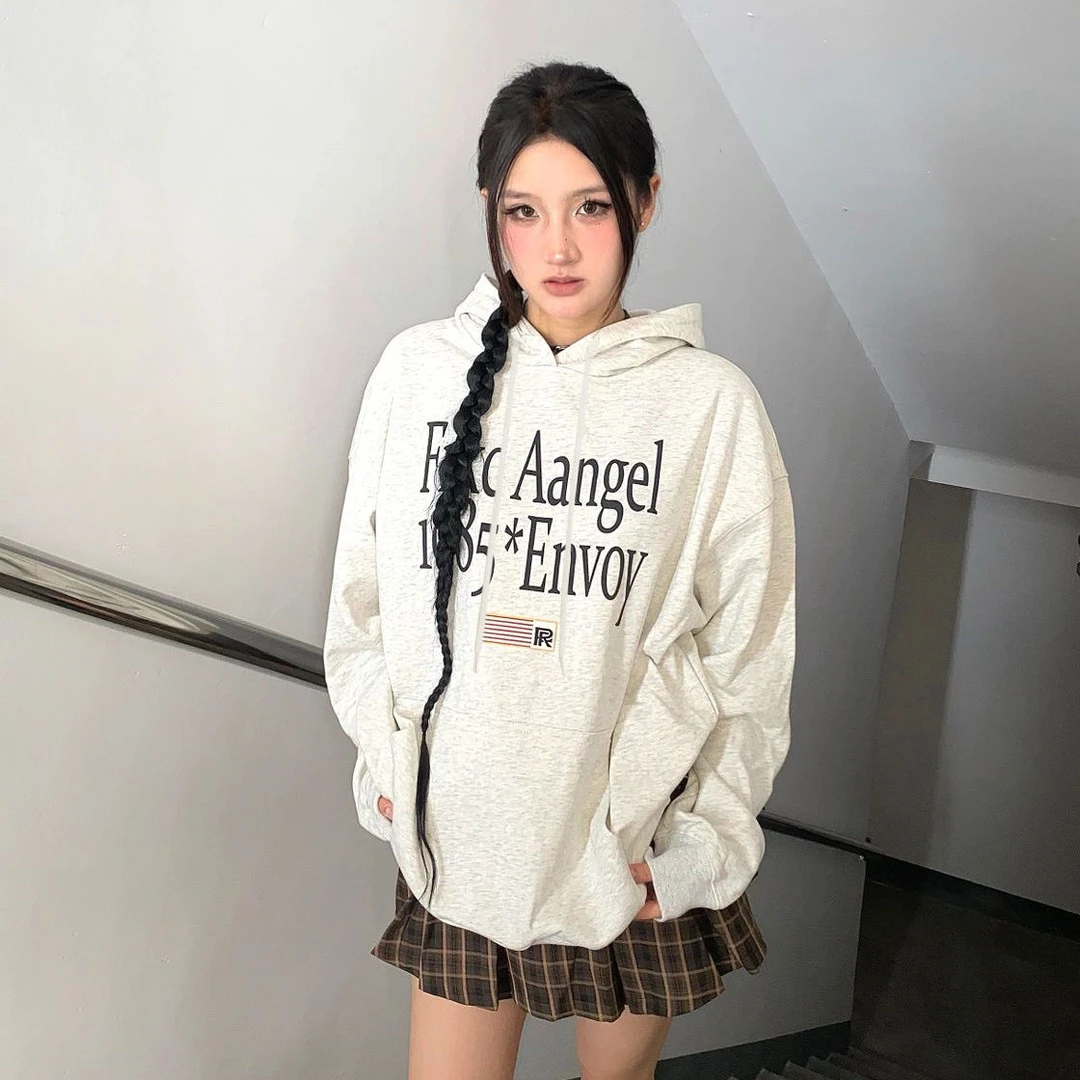 美式复古字母印花连帽卫衣女秋冬加绒潮情侣宽松显瘦套头帽衫上衣