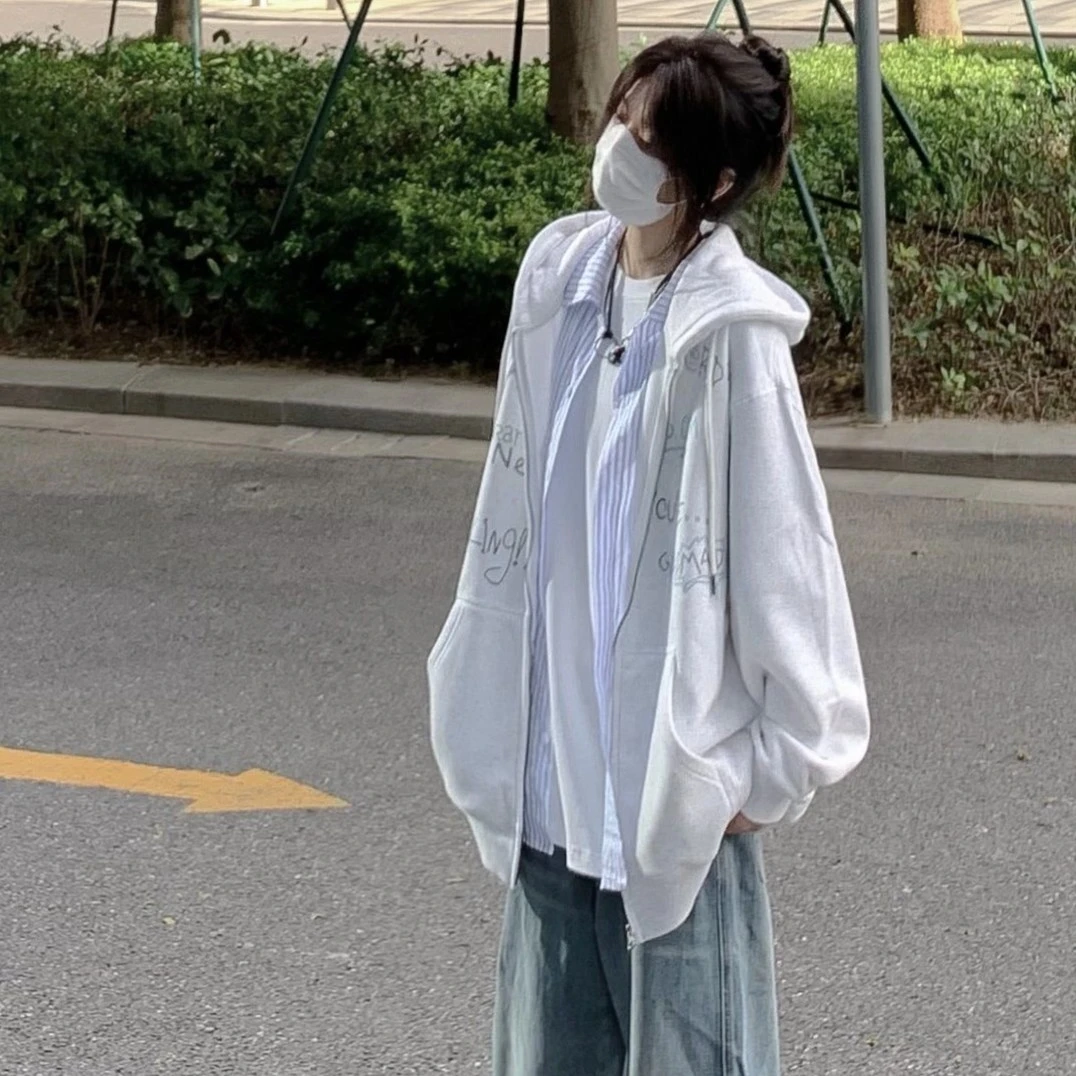 早秋美式hiphop国风卫衣外套女慵懒设计感情侣装宽松潮牌帽衫上衣