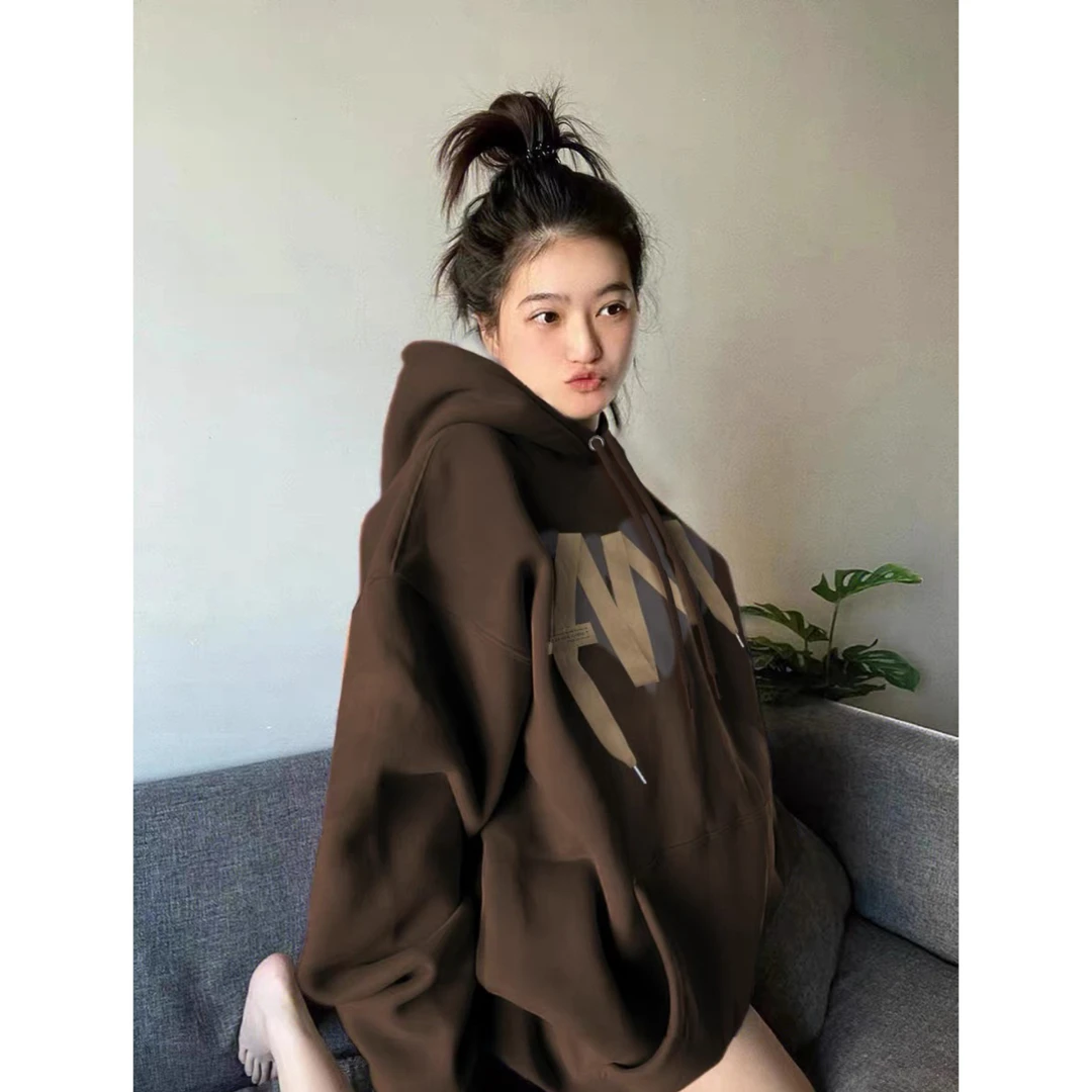 美拉德咖色复古连帽加绒卫衣女春秋冬2025新款爆款宽松慵懒风上衣