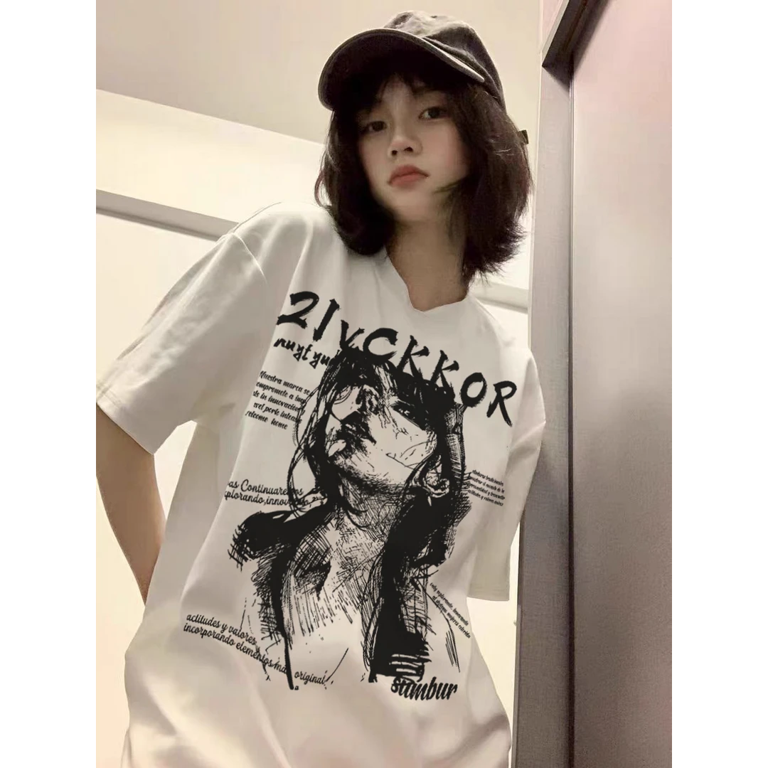 SUMBUR素描人物印花时尚休闲百搭上衣短袖t恤女小众风宽松设计款