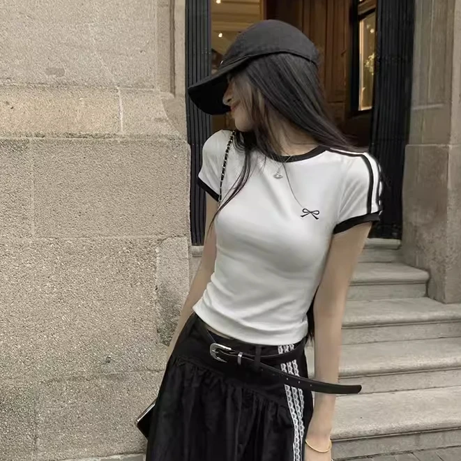 黑色小蝴蝶结印花美式三条杠短袖白色修身显瘦圆领短款辣妹女t恤