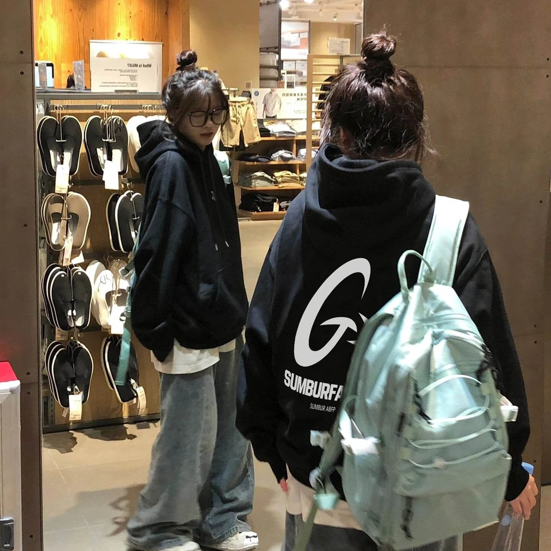 国潮复古oversize黑色连帽卫衣女秋冬新款加绒美式百搭休闲外套潮