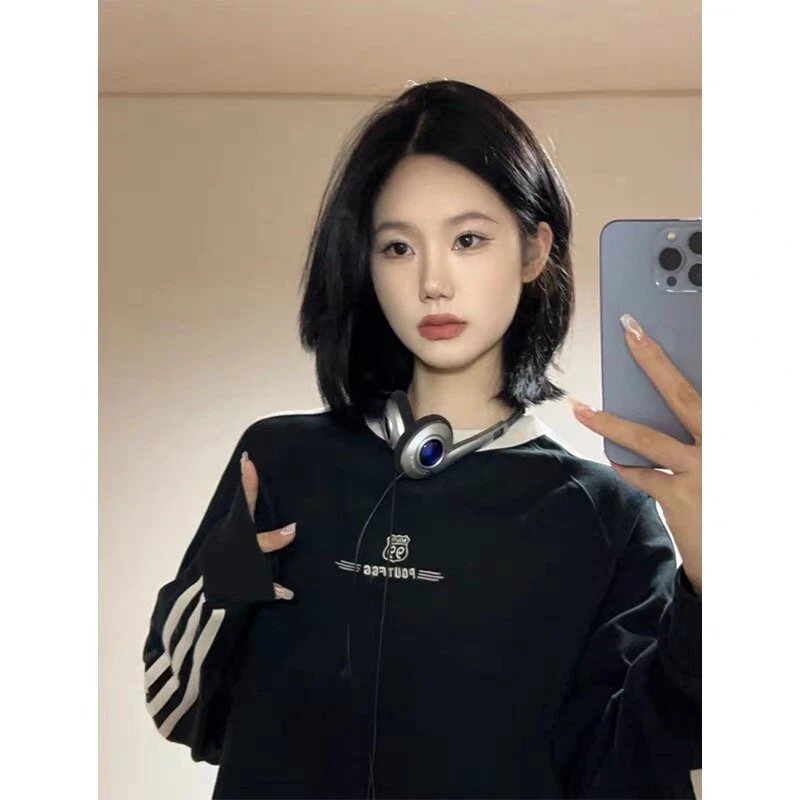 2025复古三条杠卫衣插肩袖女秋冬款百搭慵懒风chic情侣长袖上衣