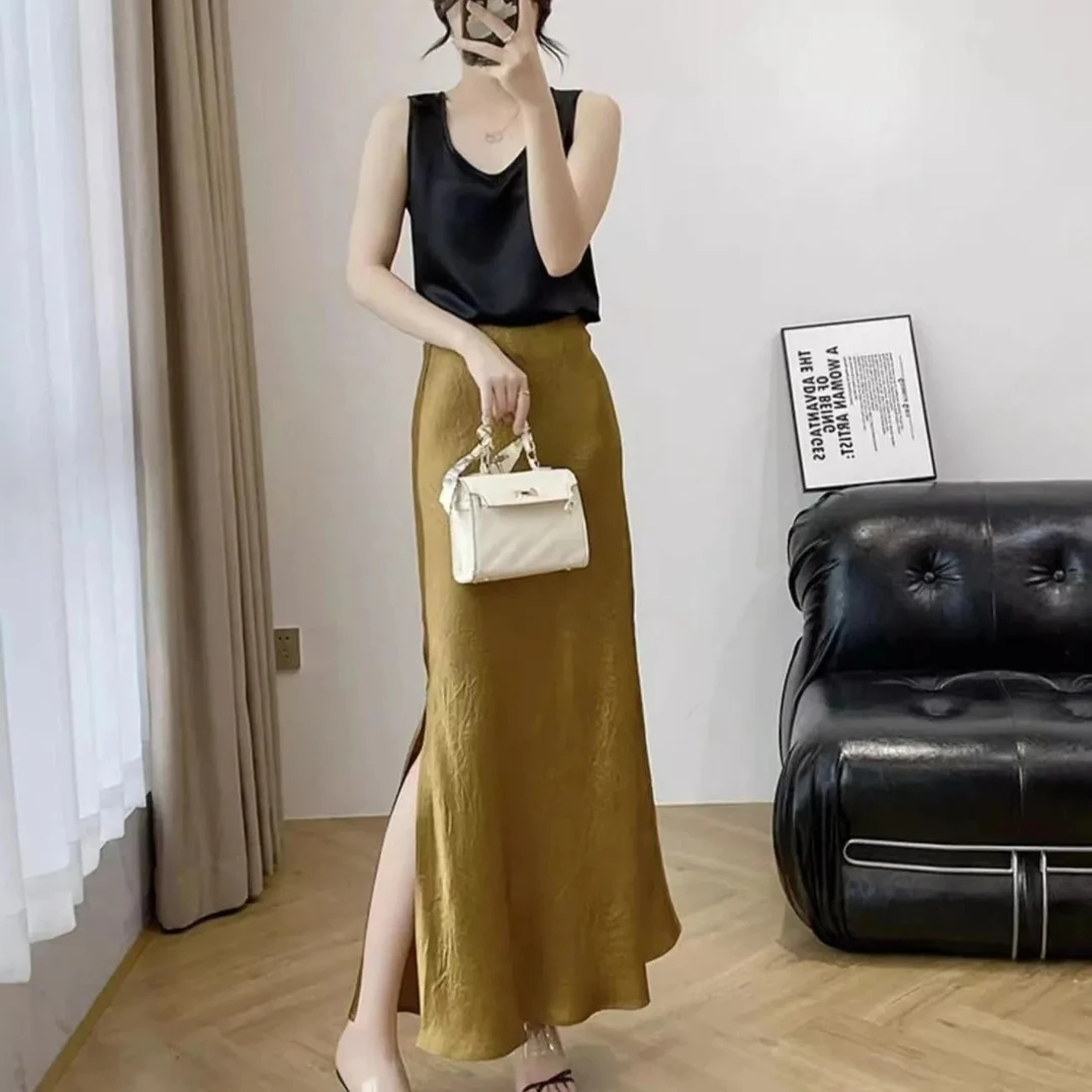 金色醋酸缎面修身开叉半身长裙女2024夏新款垂坠感长款包臀鱼尾裙