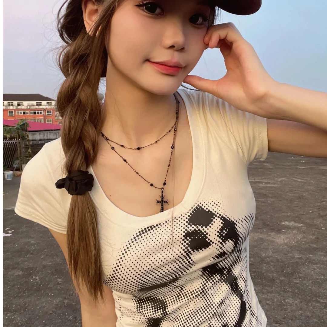 美式白色纯欲辣妹短袖女夏季新vintage设计感修身显瘦t恤y2k上衣