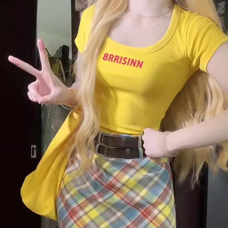 美式方领领口夏季新款字母印花正肩短袖辣妹弹力紧身显瘦短款上衣