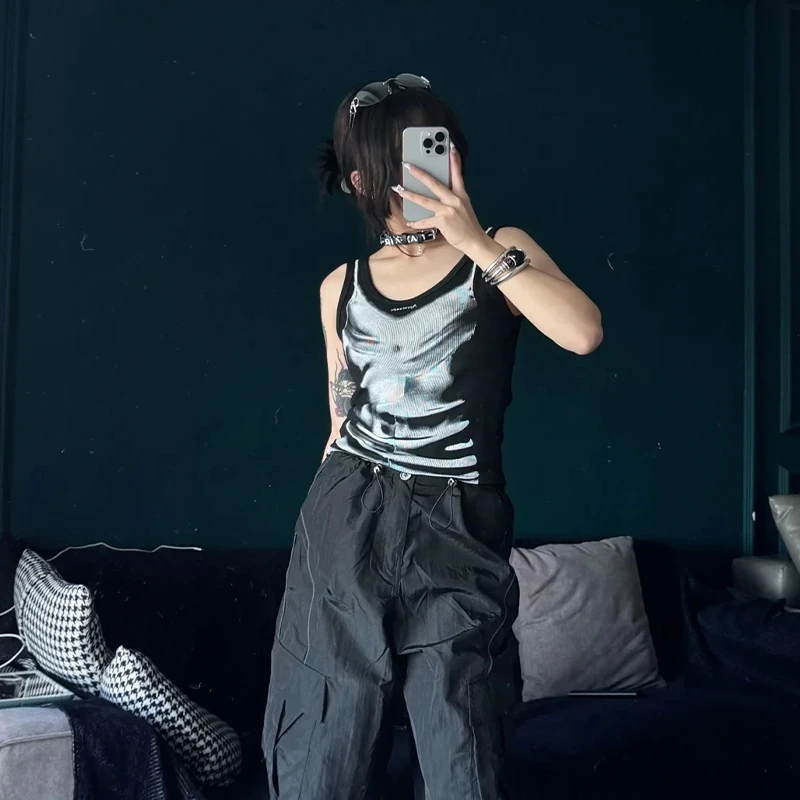 美式复古短款背心t恤女夏季2024新款黑色显瘦创意印花修身上衣潮