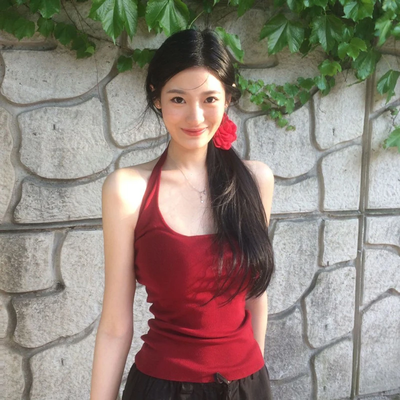 红色小众打底新款吊带背心夏季2025修身外穿显瘦百搭挂脖无袖上衣