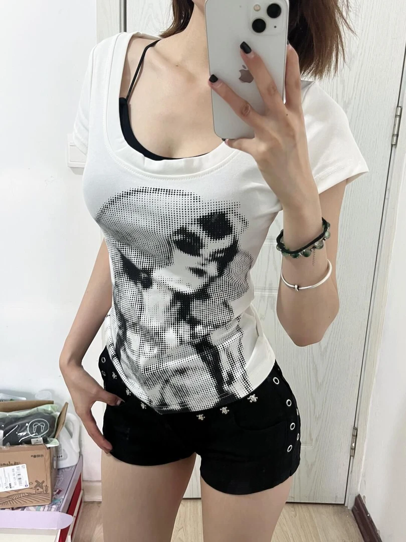 美式衣服高亚复古印花短袖T恤女夏季新千禧辣妹圆领百搭上衣女