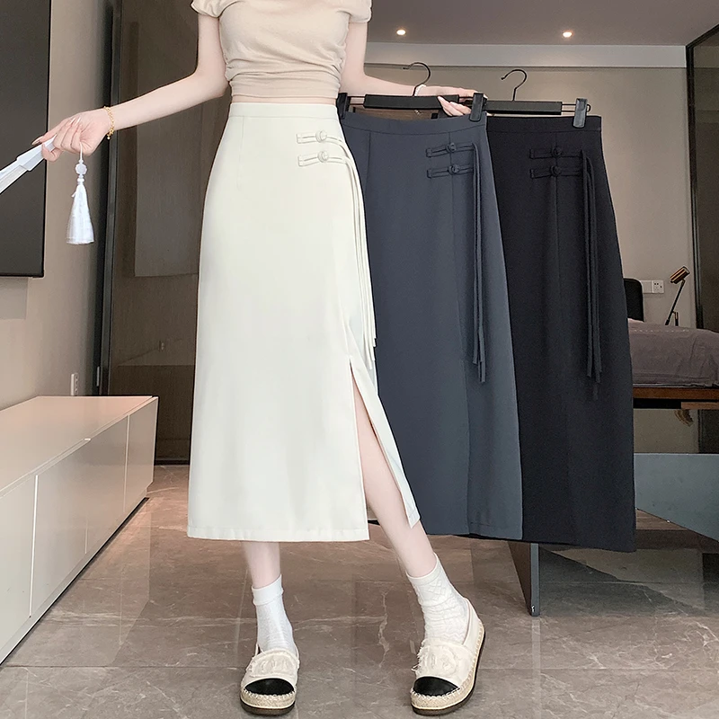 新中式半身裙秋季新款高腰显瘦百搭垂感开叉中长款A字国风裙 8236