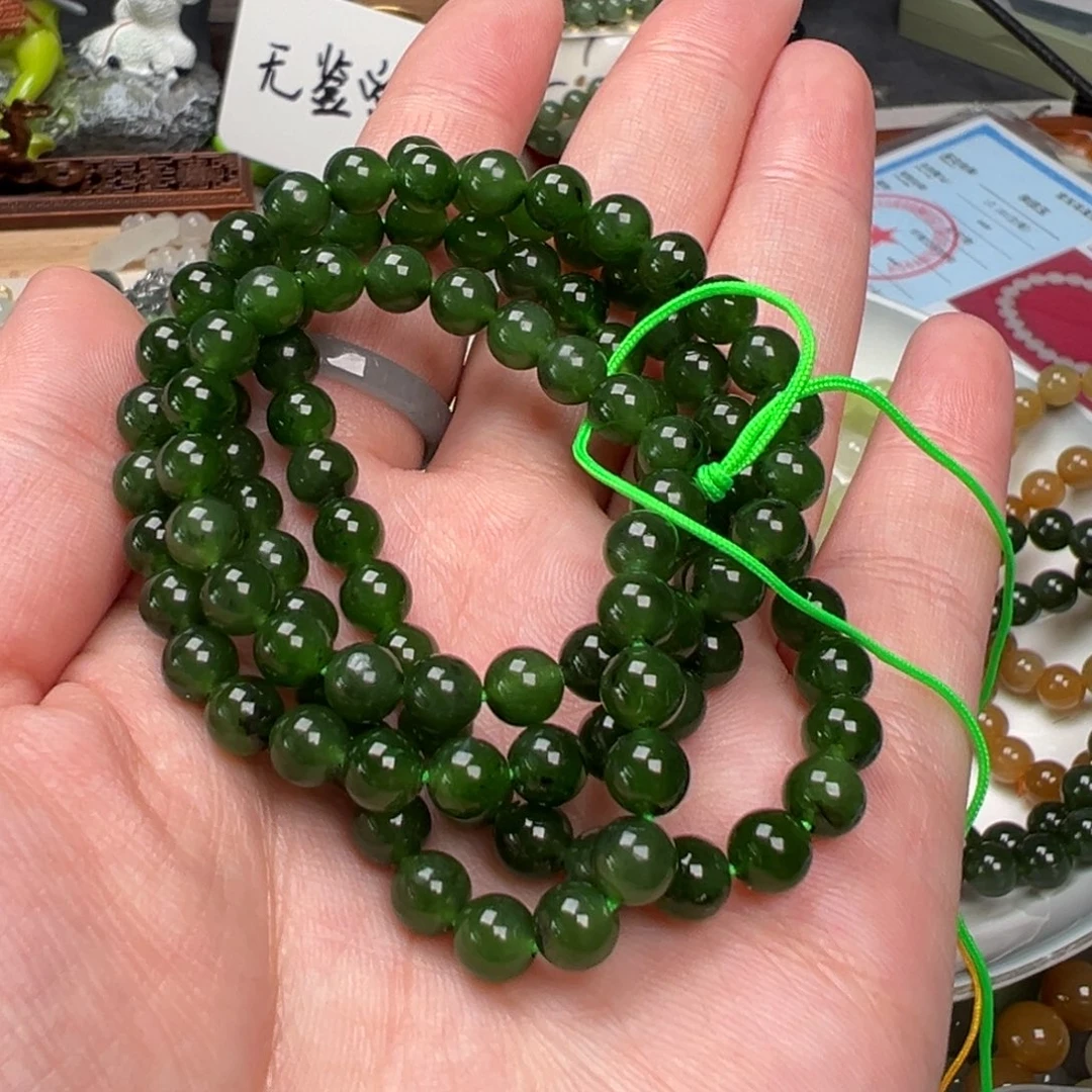 和田玉（碧玉）手串未镶嵌开*?6mm碧玉又黑菠菜绿多圈