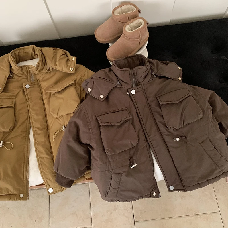 儿童棉服加厚派克服外套2024冬季新品男宝连帽宽松女宝洋气棉服潮