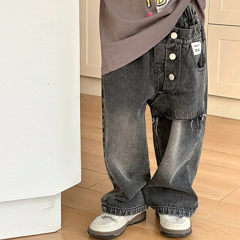 一只奶盖新款宝宝裤子炸街洋气酷潮痞帅中小童韩版假两件牛仔裤