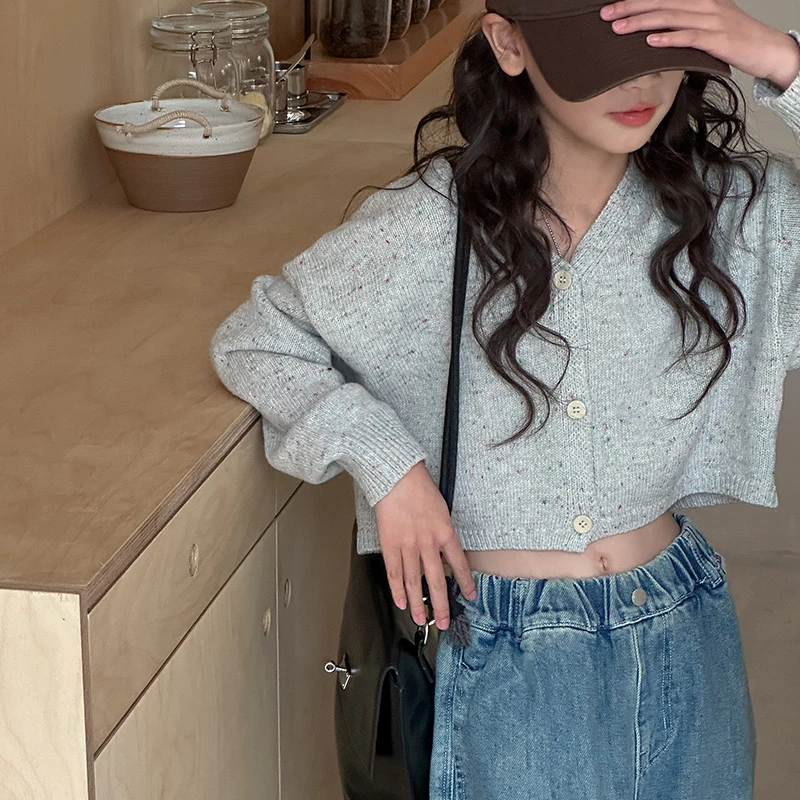 K25661针织花纱女童短款针织衫儿童开衫外套2024春秋装新款毛衣潮