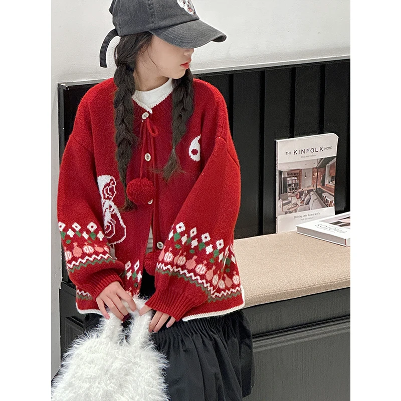 K27902圣诞女童毛衣开衫2025秋冬装新款儿童上衣女孩红色年装时髦