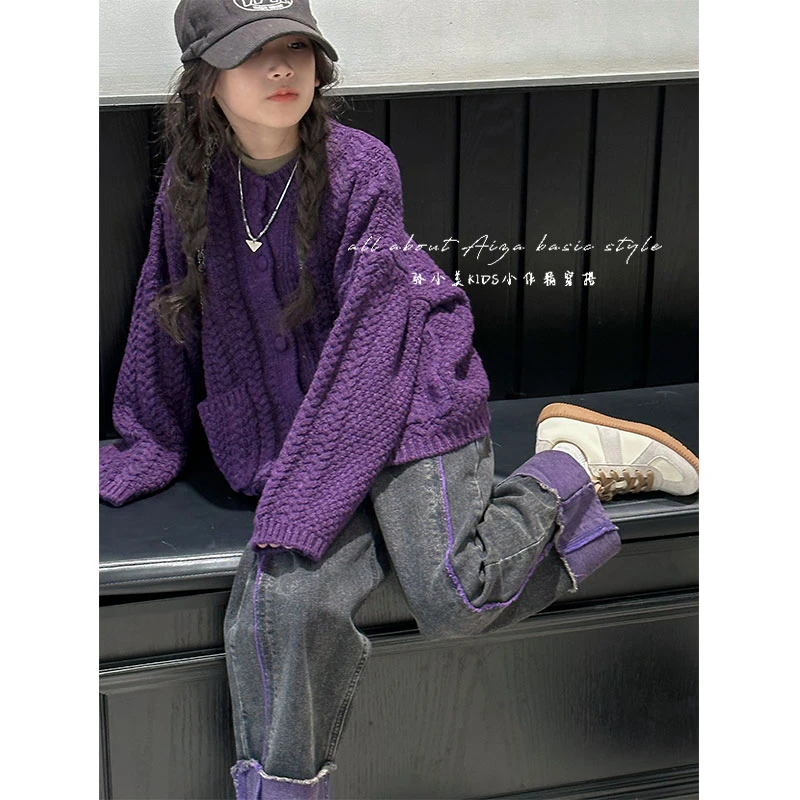 K24863韩国童装女童毛衣秋冬新款洋气时髦儿童春秋开衫圆领设计感