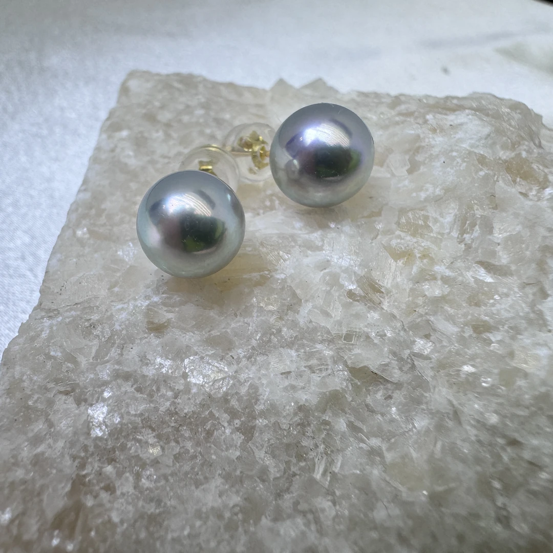 天然海水珍珠 AKOYA真多麻耳钉7-8mm银蓝灰强光简约灰色炫彩