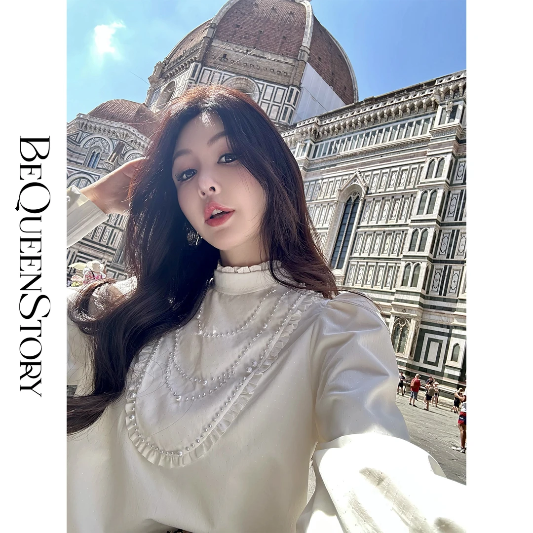 余潇潇【宫廷梦境】新款绑带钉珠优雅百搭木耳边白色衬衫