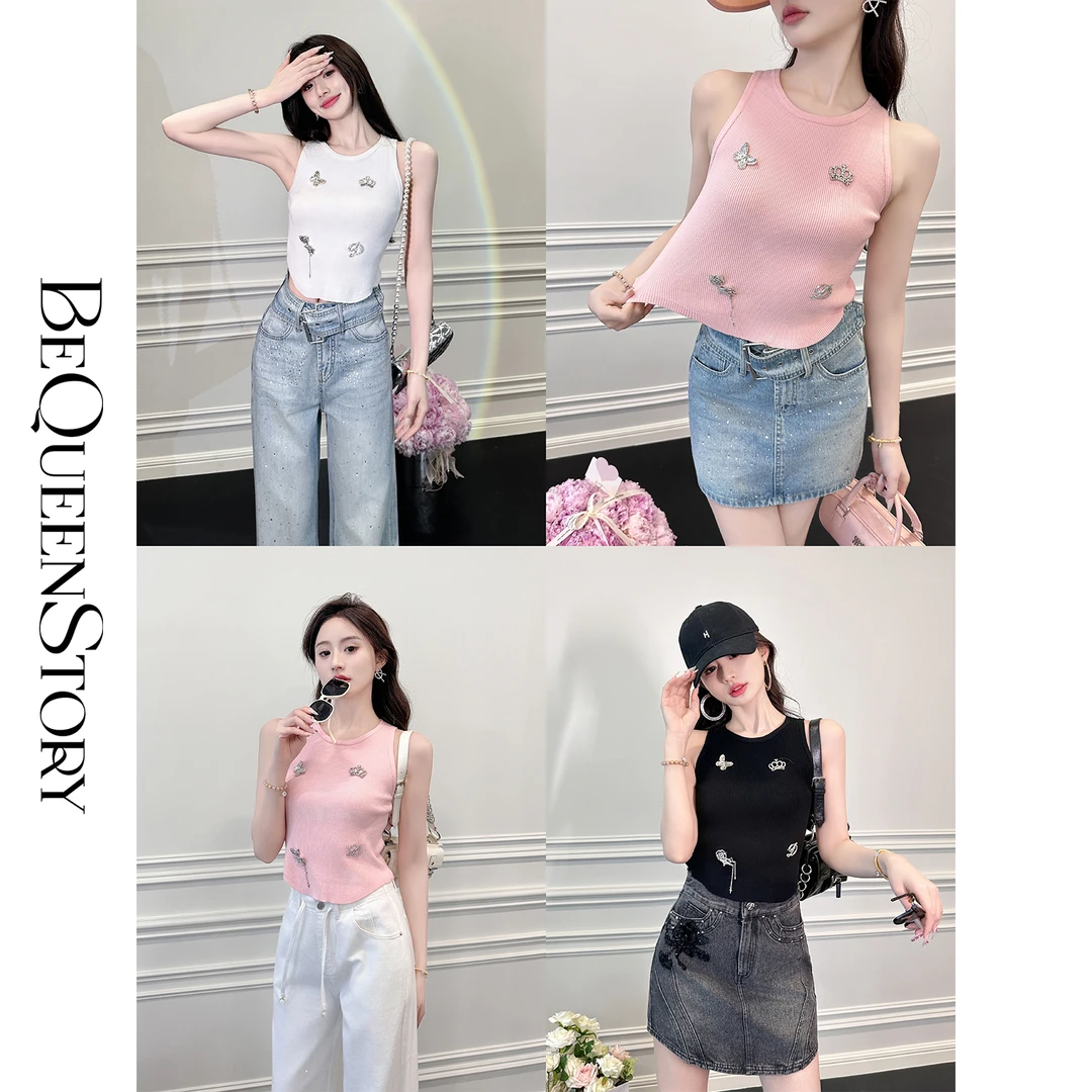 余潇潇 【赏金蝶梦】编织纱线可拆卸别针宽肩带弧形收腰上衣