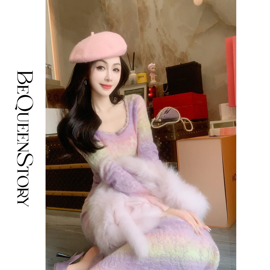 余潇潇【糖果秘境】紫色渐变圆领收腰中长款连衣裙&短款开衫