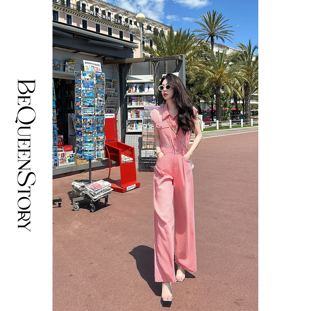 余潇潇【偷心蜜桃】定制玫瑰图天丝牛仔布收腰翻领连体裤