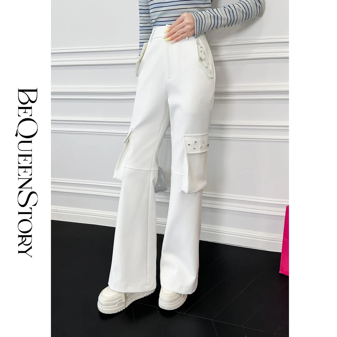 余潇潇【骑士勋章】高级精致蝴蝶玫瑰钉钻高腰显瘦微喇工装裤