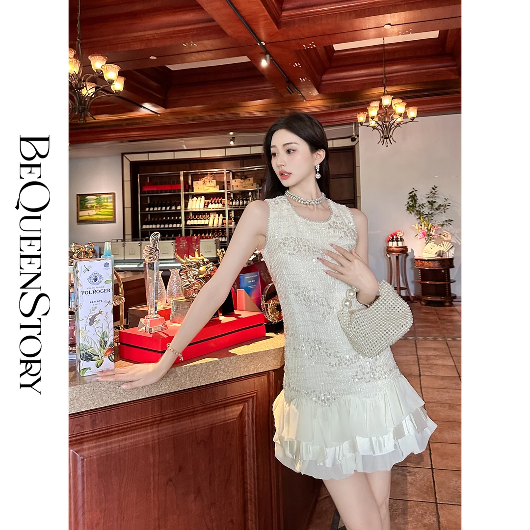 余潇潇【多瑙之星】时尚精致千金风超闪亮片圆领背心裙夏新