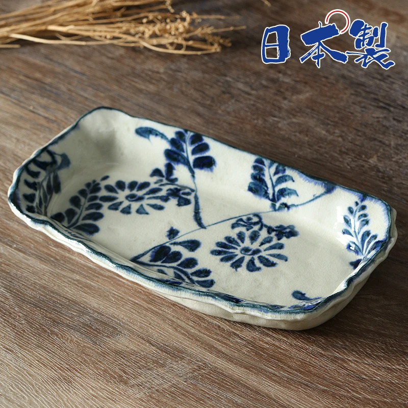 宗【单支】日本进口手绘长方形不规则陶瓷盘22cm×13cm-叶唐草