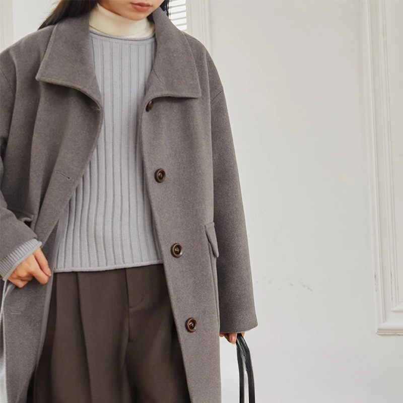 omont蛋挞家 复古翻领毛呢外套女中长款廓形显瘦气质呢大衣秋冬季